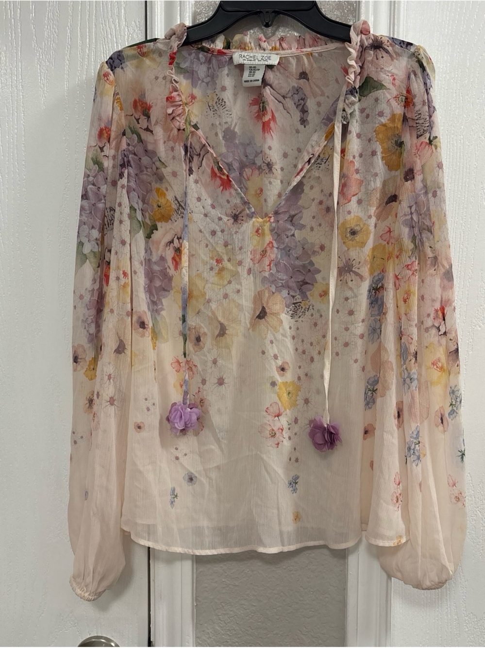 Rachel Zoe Blush Sheer Floral Tie-Neck Blouse